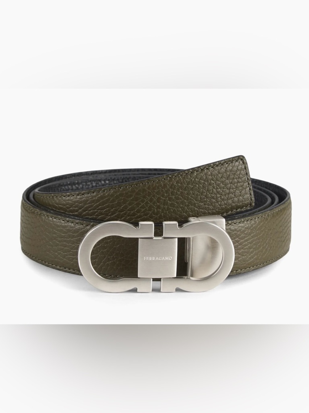 Salvatore Ferragamo Olive Leather Belt with Silver Gancini Buckle